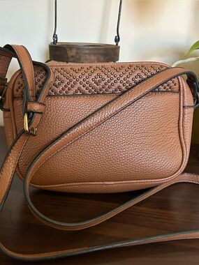 Pebbled Stud-Accent Crossbody Bag in Cognac Brown